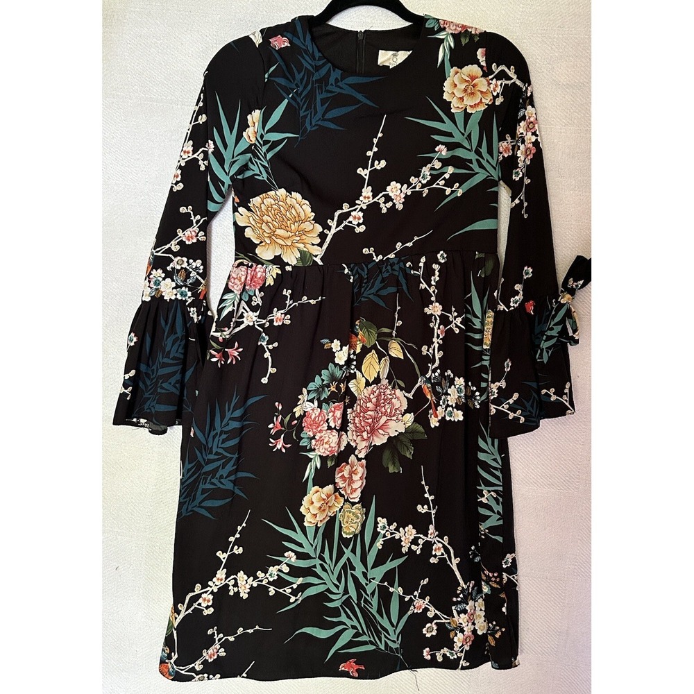 ASOS Queen B London Maternity Dress Black Floral‎ Flare Tie Sleeves US 4 UK 8